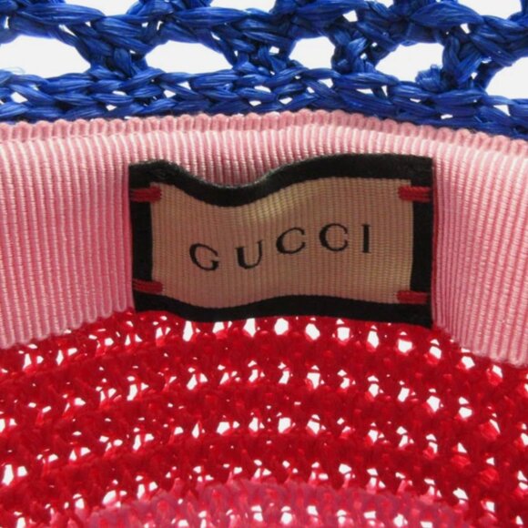 NWT GUCCI Interlocking GG Leather Logo Raffia Effect Bucket Hat - Picture 3 of 7